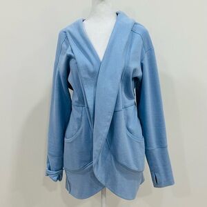 Eddie Bauer Sweater Size L Large Blue Cardigan‎ Open Front Wrap Pockets